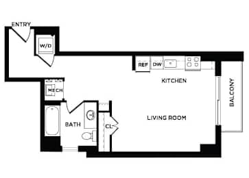Floor Plan  studio apartment floor plan at The Bradley