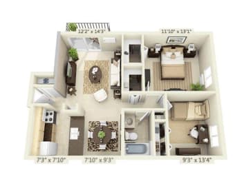 2 Bed 1 bath 2x1 Floor Plan at Orion 59, Naperville