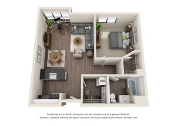One Bedroom 831 Sq.Ft. Floorplan with open concept kitchen at Wilshire Vermont, Los Angeles, CA