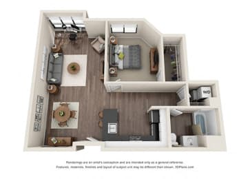 One Bedroom 882 Sq.Ft. Floorplan for corner unit apartment at Wilshire Vermont,  90010