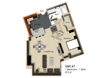 (A7) 1 Bedroom - 1 Bathroom Floor plan at Aurora, North Bethesda, MD,20852