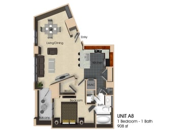 (A8) 1 Bedroom - 1 Bathroom Floor plan at Aurora, Maryland