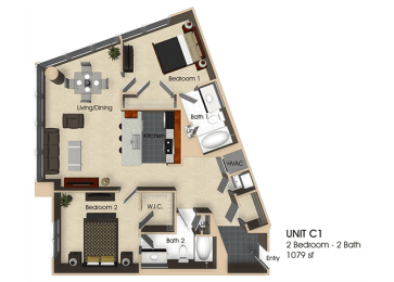(C1) 2 Bedroom - 2 Bathrooms Floor plan at Aurora, North Bethesda, 20852