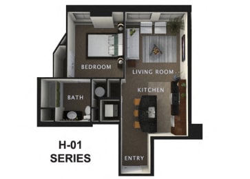 1 Bed 1 Bath A Floor Plan  at The Residences At Hanna Apartments, Ohio, 44115