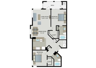 San Bernardino 2 Bed 2 Bath Floor Plan