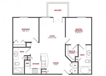 Marseille 2 Bed 2 Bath 936 Sq.Ft. Floor Plan at Saulet, LA