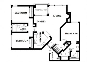 three bed two bath  with patio/ balcony 1198 sqft