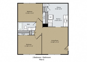 2 Bedroom 1 Bathroom Floor Plan at Barcelona Apartments, California