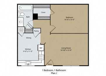 1 Bed 1 Bath Floor Plan at Barcelona Apartments, Visalia, 93277