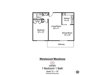 1bed 1bath 850 Sq.Ft. Floor Plan at Westwood Meadows in Westlake, 27825 Detroit Road, 44145