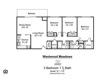 3 Bedroom 2 Bath 1,280 Sq.Ft. Floor Plan at Westwood Meadows in Westlake, 27825 Detroit Road, 44145, Ohio