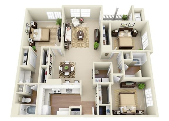 Floor Plan  3 Bedroom 2 Bathroom Floor Plan at Glen Park Apartments
