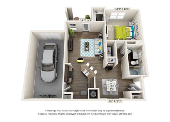 Floor Plan  Hawthorne-at-Concord-A1-Garage_one bedroom one bath
