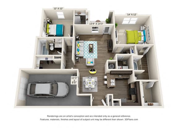 Floor Plan  Hawthorne-at-Concord-B2-Garage_2 bedroom 2 bath