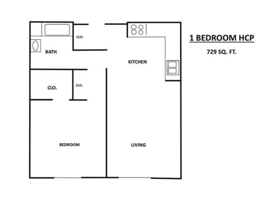 Floor Plan  Sunrise Courts Apartments one bedroom HCP outline