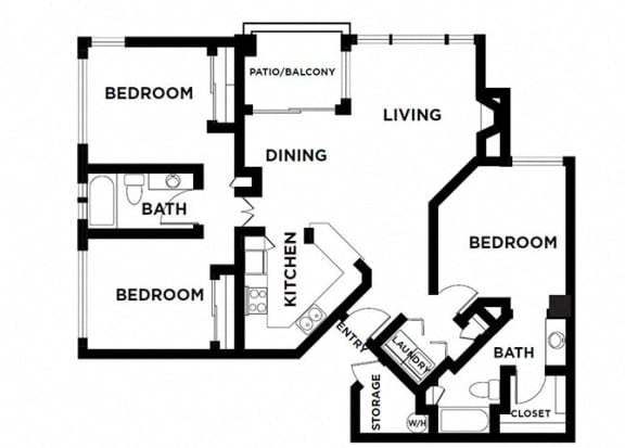 Floor Plan  three bed two bath  with patio/ balcony 1198 sqft