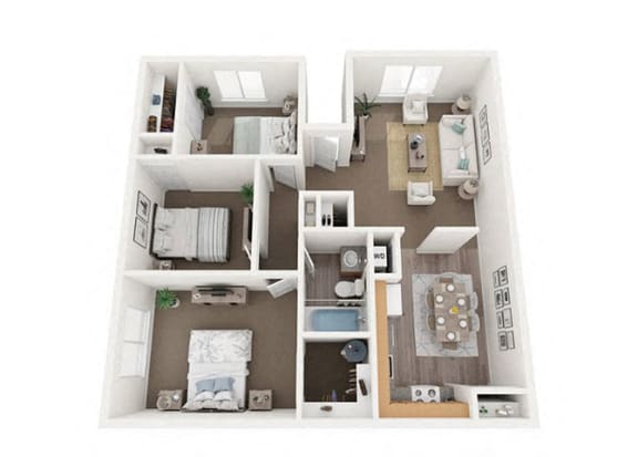 Floor Plan  Staged 3 bedroom floor plan.at Park View Apartments, Wenatchee, WA 98801