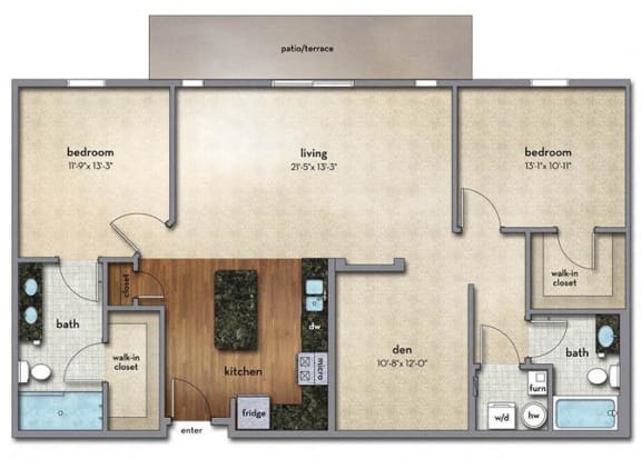 Floor Plan  2 bed 2 bath Floor Plan | 1,292 Sq. Ft. at Strathmoor Apartments , Dublin, OH, 43016
