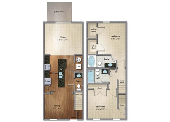Floor Plan  2 bed 2.5 bath Floor Plan | 1,266 Sq. Ft. at Strathmoor Apartments , Ohio, 43016