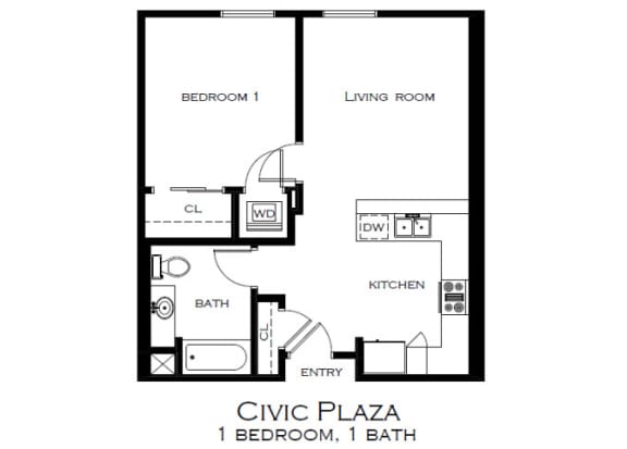 a floor plan of a 1 bedroom floor plan  at Civic Plaza Apartments, Boise, 83702