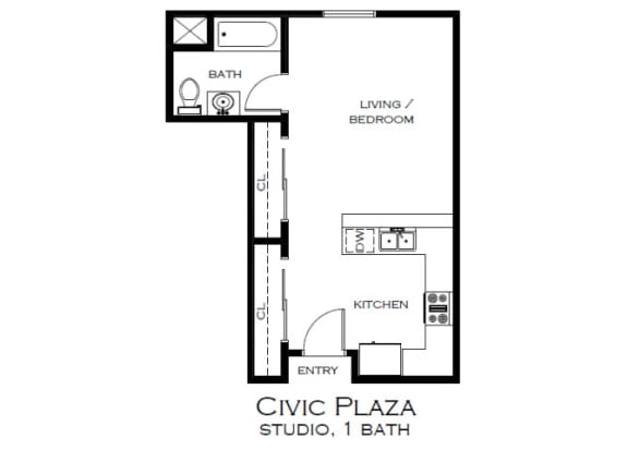 a floor plan of a studio apartment with a bedroom and a living room  at Civic Plaza Apartments, Boise, 83702