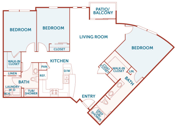 C2 floor plan - 3 bedroom - 2 bath - 1385 Sq Ft - ABQ Uptown Apartments