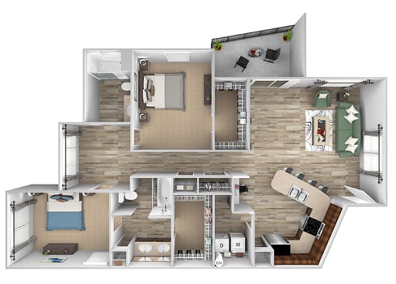 ABQ Uptown Apartments - B12 - 2 bedroom and 2 bath - 3D floor plan