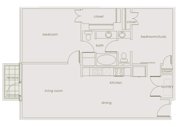 Main 3 Downtown - floor plan B1 Tower - 2 bed 1 bath - 2D