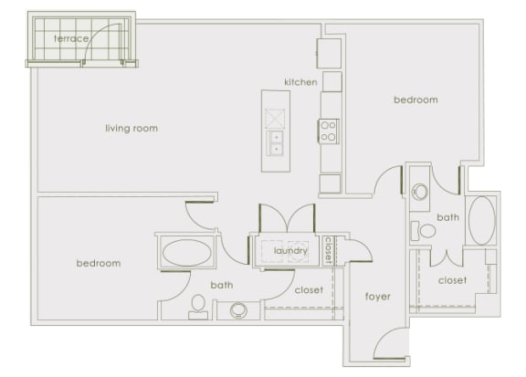 Main 3 Downtown floor plan B2 Tower  - 2 bed 2 bath - 2D