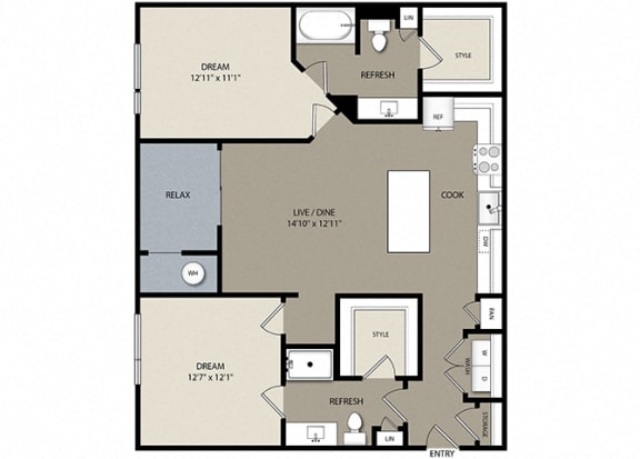2 bed 2 bathB2 Floor Plan at Westerly Apartments, Littleton, CO, 80127