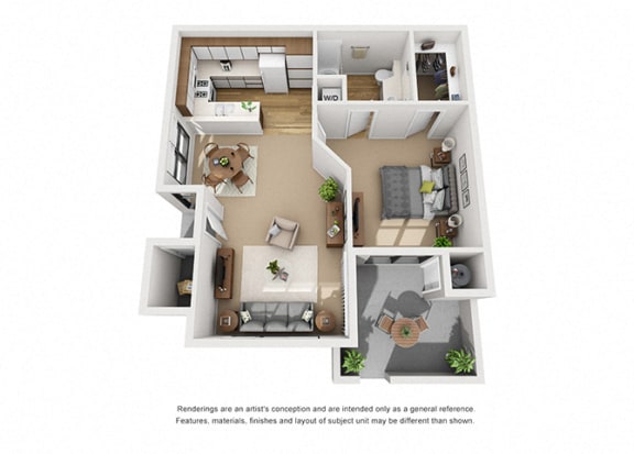 Alder 1 Bedroom 1 Bathroom 3D Floor Plan Layout at Cypress Point Apartment , Ventura, CA