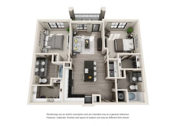The Harrell 3D. 2 bedroom apartment. Kitchen with island open to living room. 2 full bathrooms, double vanity in master. Walk-in closets. Patio/balcony.
