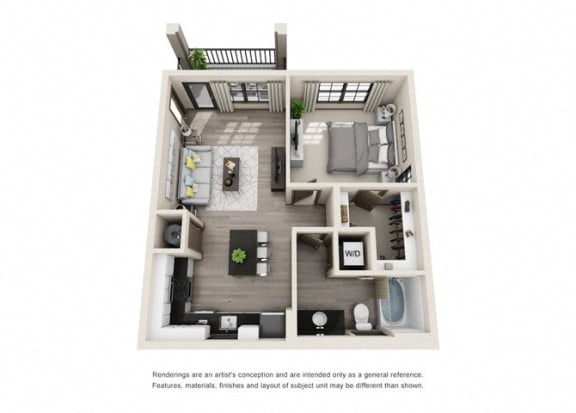 The Knight 3D. 1 bedroom apartment. Kitchen with island open to living room. 1 full bathroom. Walk-in closet. Patio/balcony.