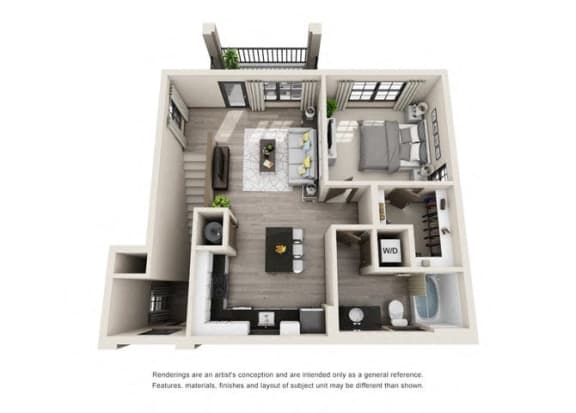 The Nelson 3D. 1 bedroom apartment, 1st floor entry. Kitchen with island open to living room. 1 full bathroom. Walk-in closet. Patio/balcony.