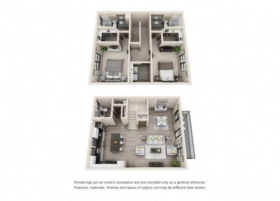 The Shawnee 3D. 2 bedroom townhome. Kitchen with island open to living/dining rooms. 2 full bathrooms + powder room. Walk-in closets. Patio/balcony.