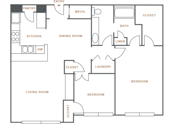 Hayes House - B1 - 2 bedroom and 1 bath - 2D