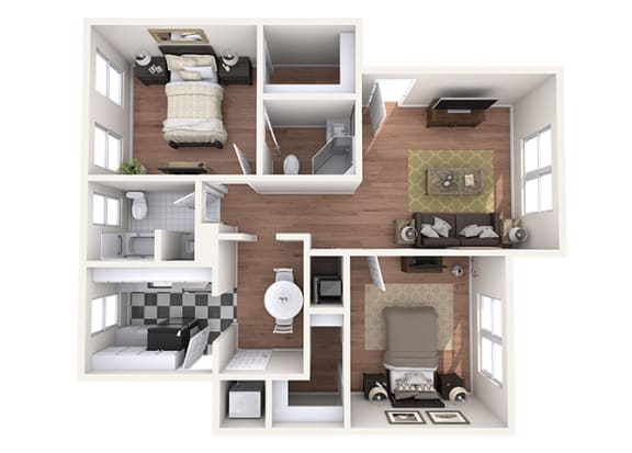 Hayes House - B2 - 2 bedroom and 2 bath - 3D