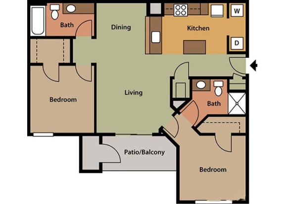 2 Bedroom, 2 Bath, Floorplan