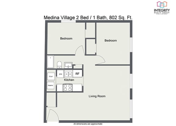 2 Bedroom 1 Bath, 802sf Floor Plan at  Integrity Medina Apartments, Medina, Integrity Realty LLC, OH, 44256