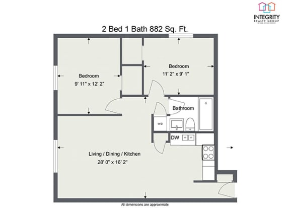 2Bed 1 Bath 882 Floor Plan at  Integrity Medina Apartments, Integrity Realty LLC, Medina, 44256
