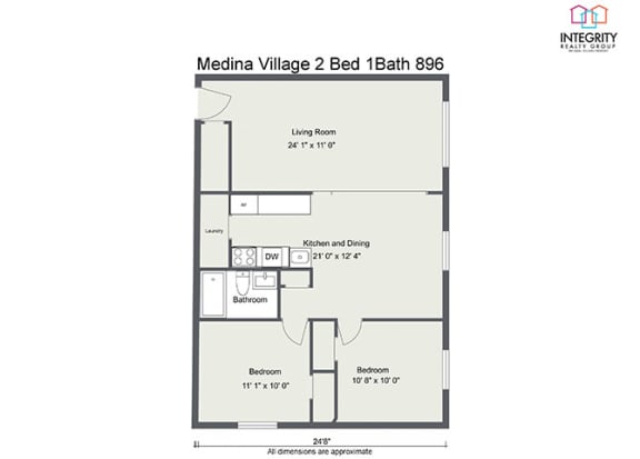 2bed 1bath 896 Floor Plan at  Integrity Medina Apartments, Integrity Realty LLC, Medina, OH