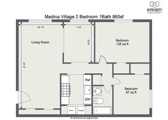 2 Bedroom 1 Bath 860sf nest Floor Plan at  Integrity Medina Apartments, Integrity Realty LLC, Medina, Ohio