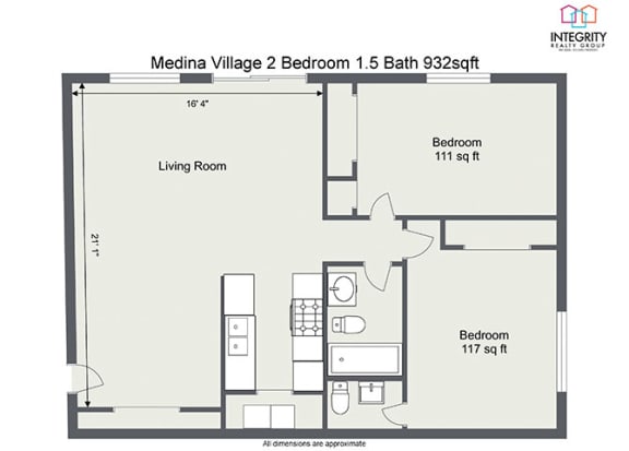 2 Bedroom 1.5 Bath 932sqft Floor Plan at  Integrity Medina Apartments, Integrity Realty LLC, Ohio, 44256