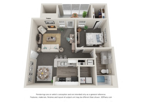 1 Bedroom 1 Bath Floor Plan | 708 Sq. Ft. at Litchfield Oaks Apartments at Litchfield Oaks Apartments, South Carolina, 29585