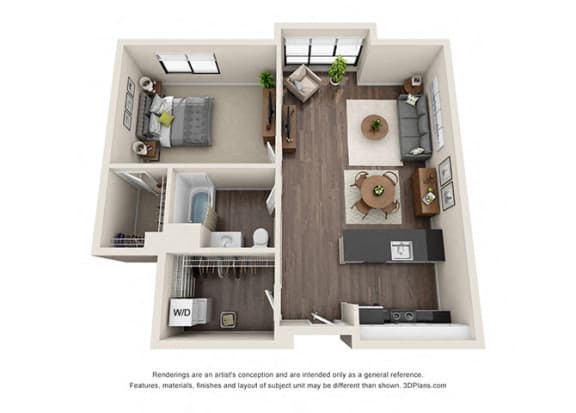 One Bedroom 900 Sq.Ft. Floorplan with open concept area for apartmentsat Wilshire Vermont, Koreatown. Los Angeles, CA