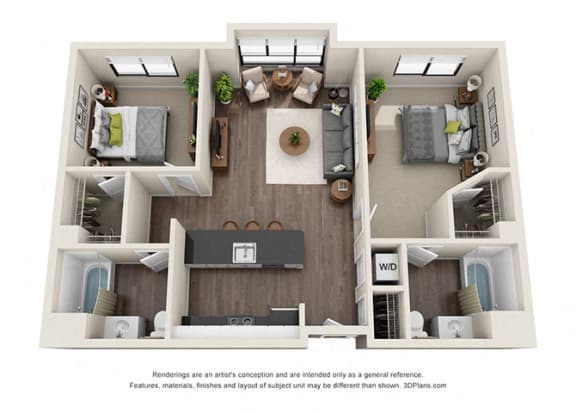 Two Bedroom 1,048 Sq.Ft. Floorplan at Wilshire Vermont, Los Angeles,