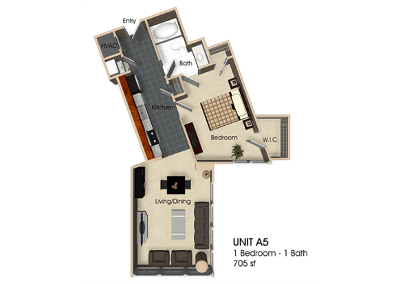 (A5) 1 Bedroom - 1 Bathroom Floor plan at Aurora, Maryland