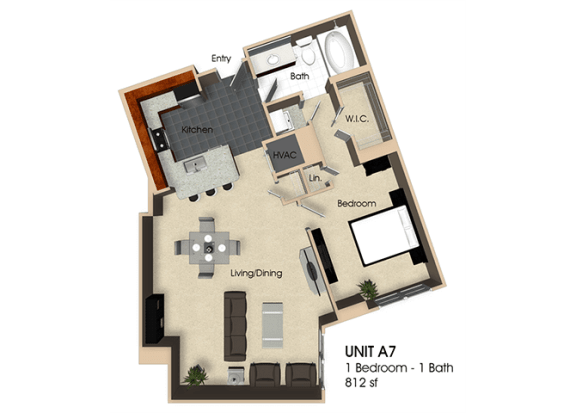 Floor Plan  (A7) 1 Bedroom - 1 Bathroom Floor plan at Aurora, North Bethesda, MD,20852