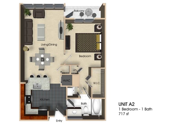 Floor Plan  (A2) 1 Bedroom - 1 Bathroom Floor plan at Aurora, North Bethesda, 20852