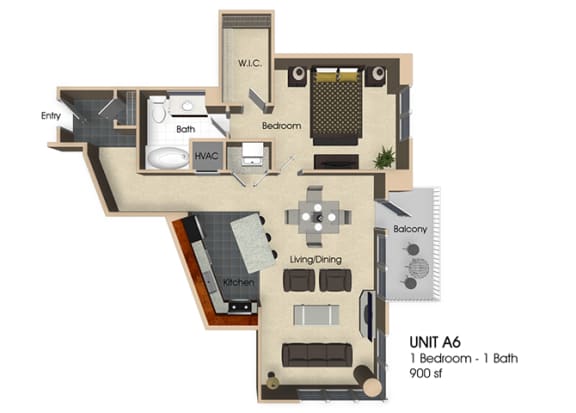 (A6) 1 Bedroom - 1 Bathroom Floor Plan at Aurora, Maryland,20852